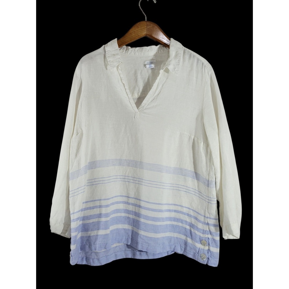 Sigrid Olsen 100% Linen Top Womens Medium White Blue Striped Beachy Vacation